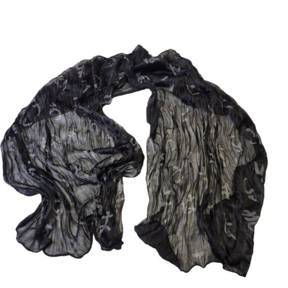 BLACK Grey Lightweight All Season Chinese Characters Crinkle Scarf - Picture 4 of 7